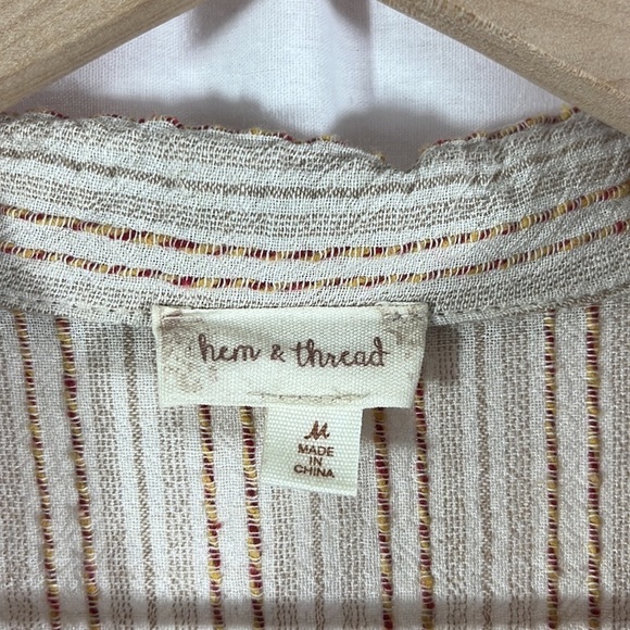 Hem & Thread Linen Blend Tan Stripe Button Up Romper Womens Size M - Picture 4 of 11